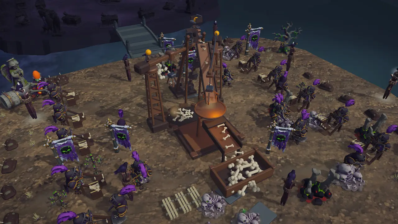 Bone Idle : la horde de squelettes au travail autour des machines d’une grande île.