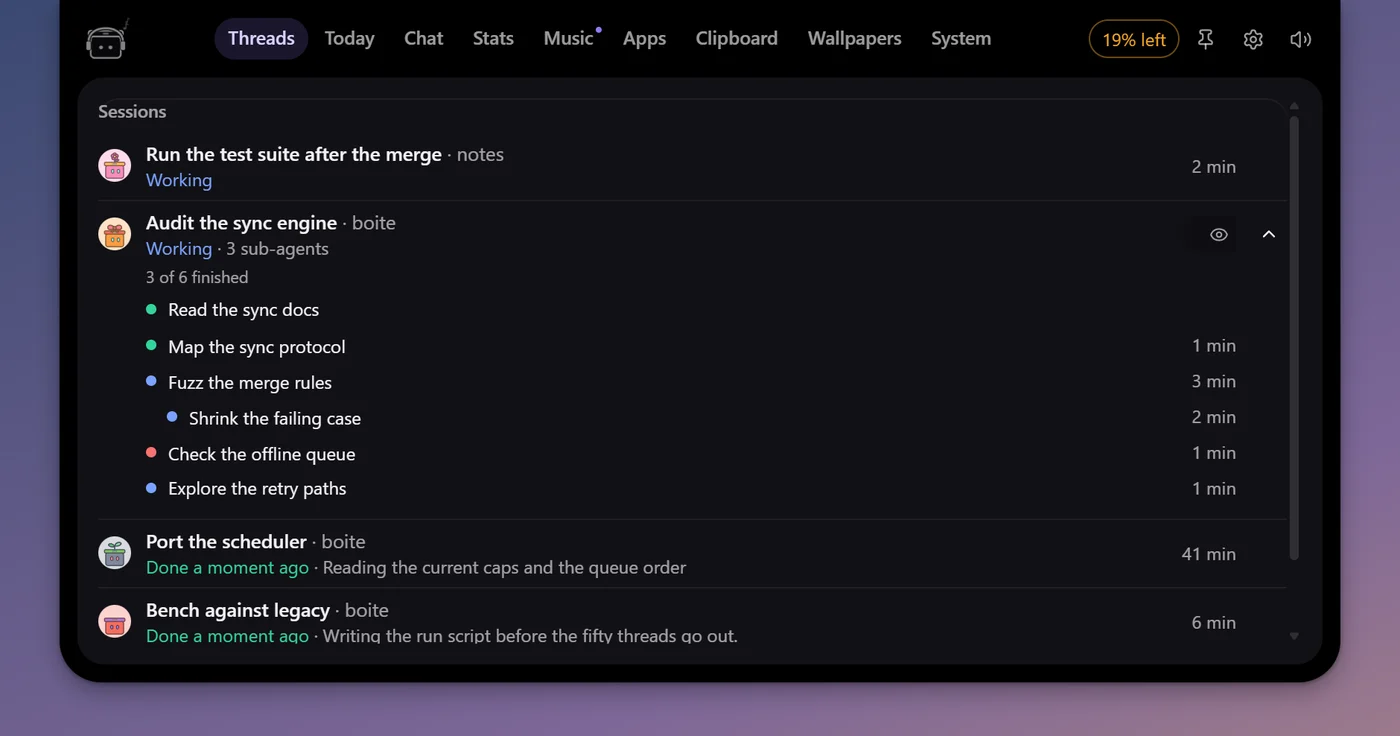 The B.O.T.S island open on its threads tab: the sessions at work, one of them unfolded on its sub-agents.