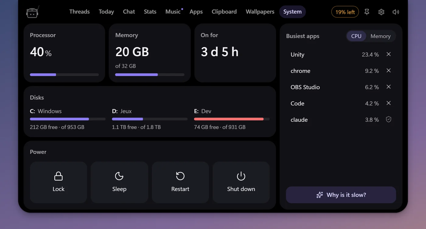 The System tab: processor, memory and drives, the busiest apps and the power buttons.