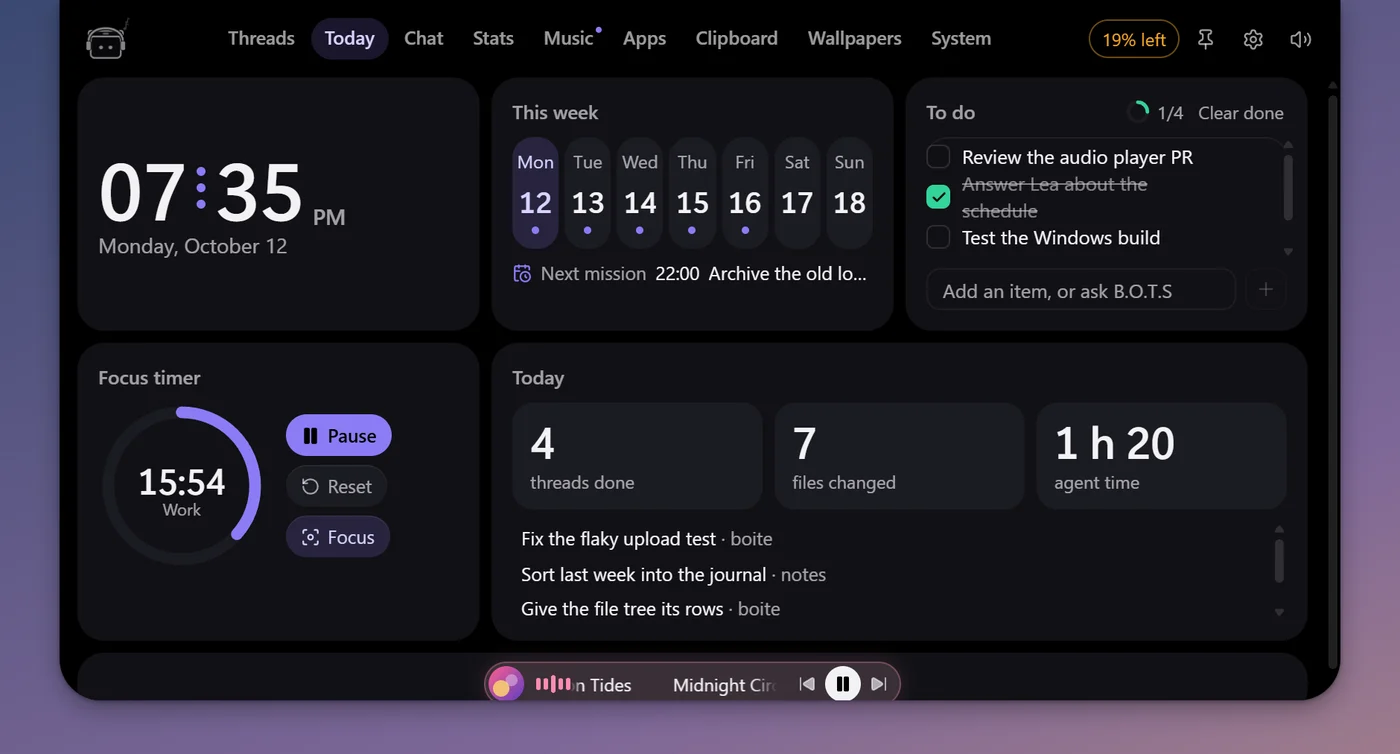 The Today tab: the clock and the week, the next mission, the to-do list, the focus timer and the day’s numbers.