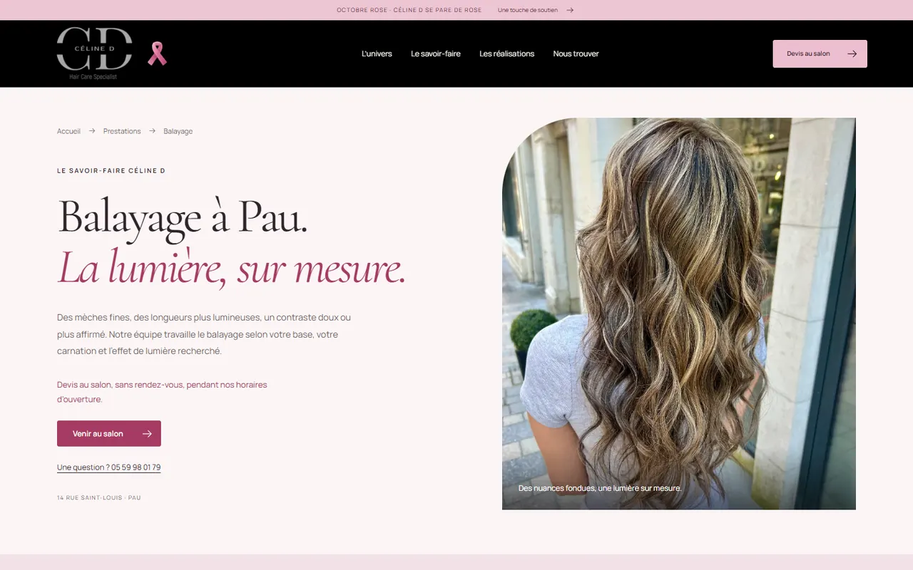 La page Balayage à Pau du site Céline D, avec une chevelure blonde aux reflets lumineux.