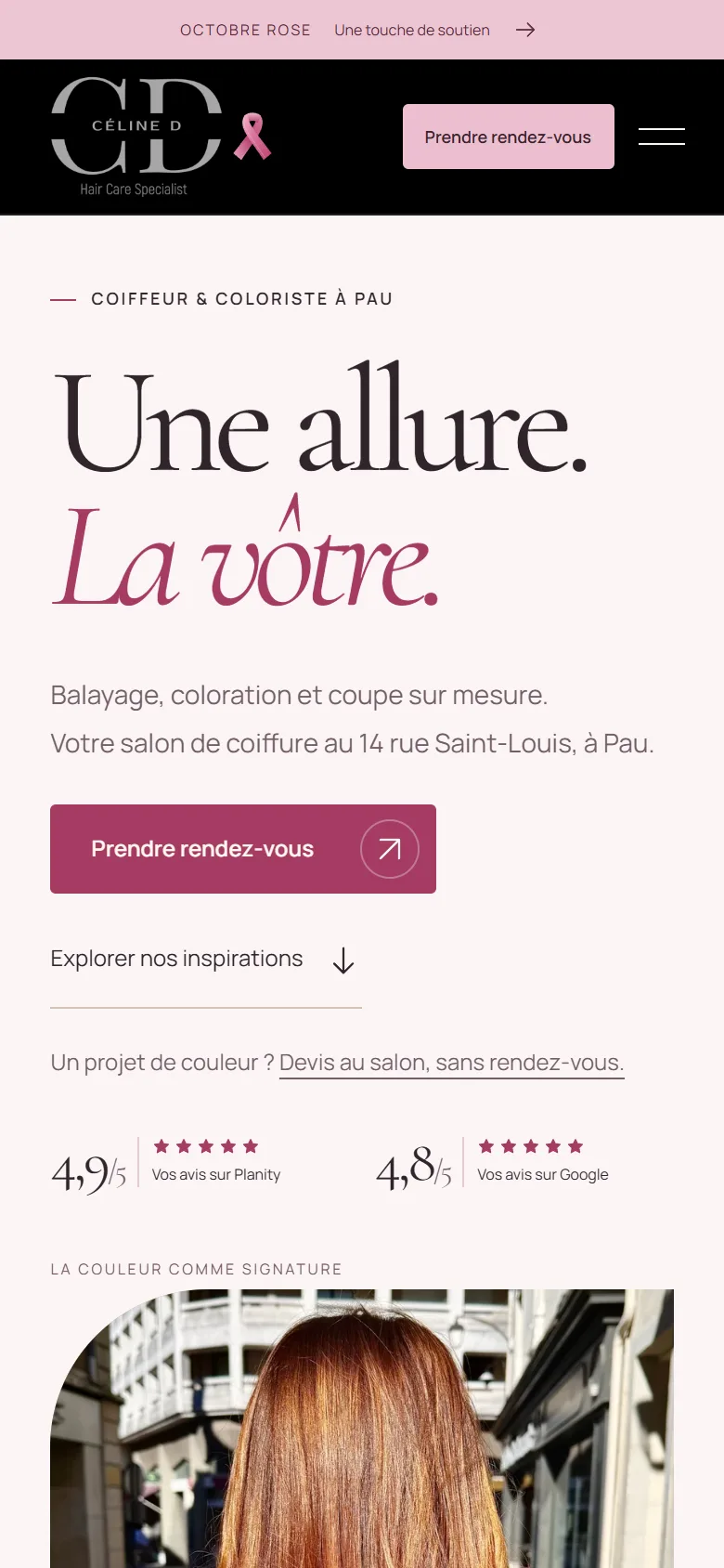 L’accueil du site Céline D sur téléphone : le titre Une allure. La vôtre. et le bouton Prendre rendez-vous.