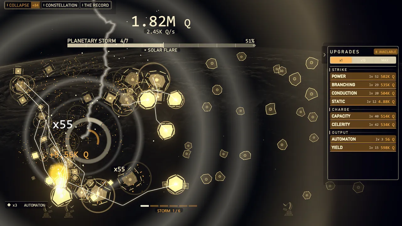 Superbolt 1.2: a golden chain reaction crosses the planetary storm, with a combo of 55.