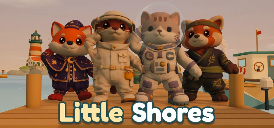 Little Shores: a fox, an otter, a cat and a red panda in costumes pose on a dock in front of a lighthouse, above the game’s title.