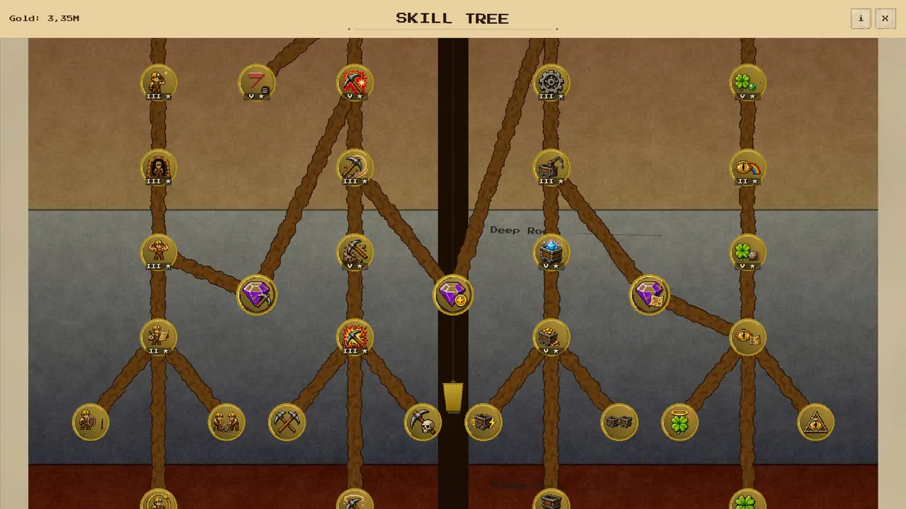 L’arbre de compétences de Mining Miner et ses branches d’améliorations.