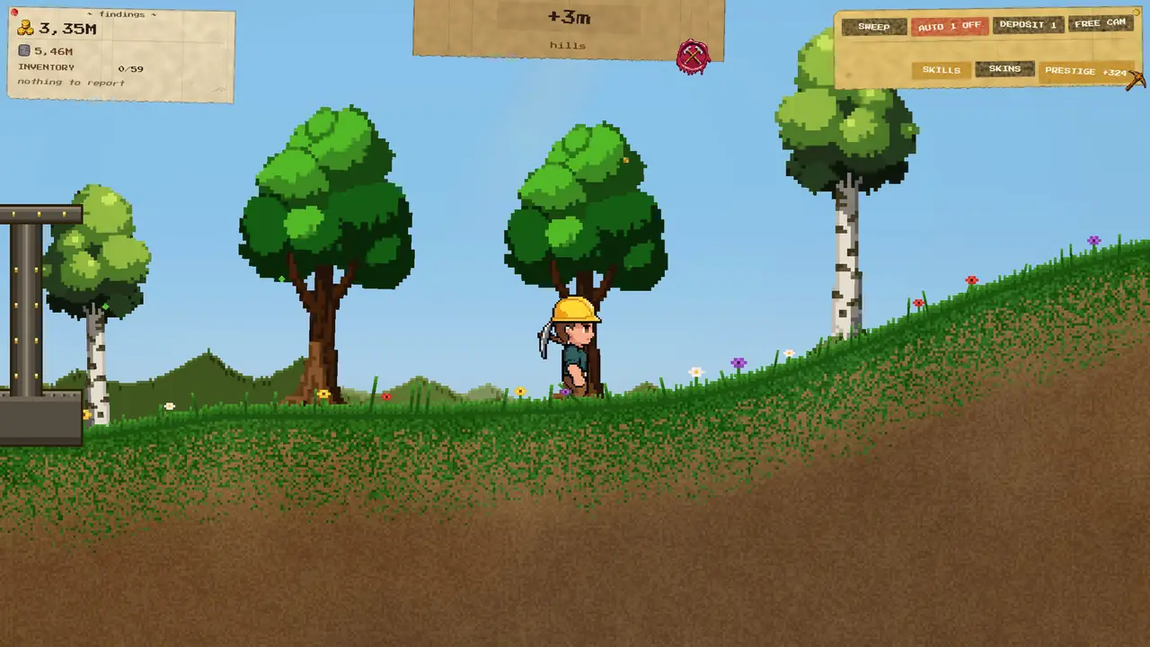 Mining Miner : le mineur et sa pioche à la surface, entre les arbres.