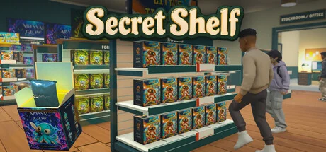 Secret Shelf: the game’s title above a figure shop, with an open blind box, shelves of boxes and customers.