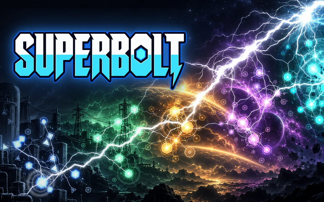 Superbolt: the game’s blue logo above a lightning bolt that runs through nodes of every colour, from an industrial city out to the galaxies.